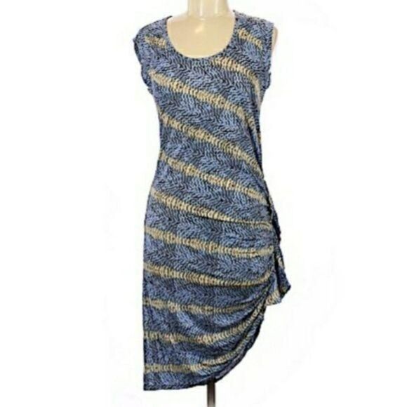 BCBGMaxAzria Casual Jersey Knit Mini Ruched Asymmetrical Hem Dress Striped Sz M - Picture 2 of 8